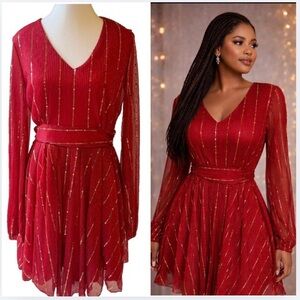 Chic Me Red Gold Sequin Stripe Dress Large V-Neck Long Sleeve Pleated Holiday